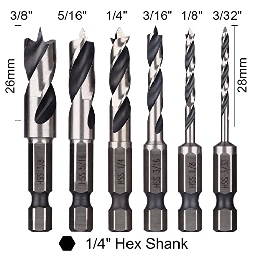 Wolfride 6Pcs Brad Point Drill Bits 1/4-Inch Hex Shank Stubby Drill Bit Set For Wood #TOP1