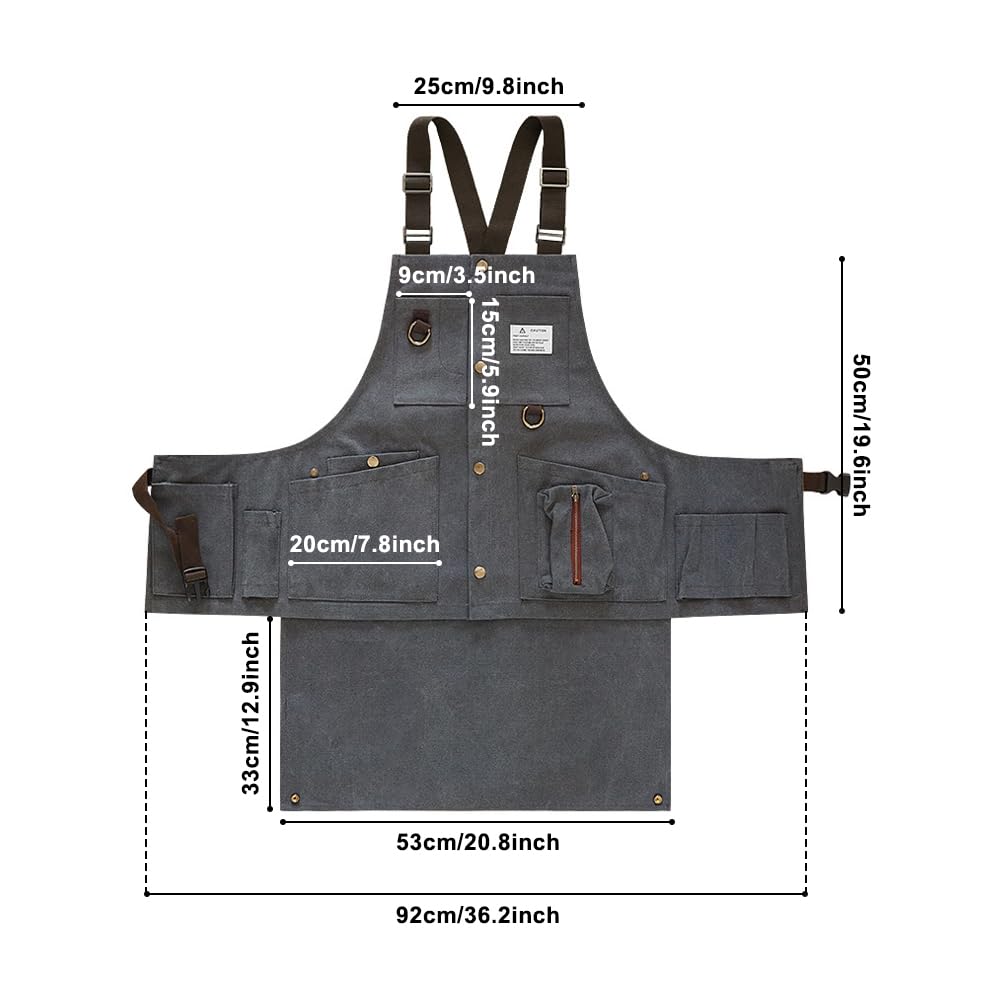 MiOYOOW Tablier d'Atelier de Menuiserie, Tablier de Soudeur en Toile Réglable, Blouse à Dos Croisé avec Plusieurs Poches pour Travail Cuisine Jardinage Maison