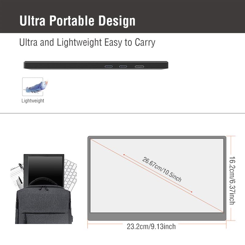 Image of Portable Monitor for Laptop 10.5 Inch Computer Gaming Display Metal Enclosure Mobile Display External Display for Xbox PS4 Phone with Speakers Type-C USB-C HDMI IPS FHD 1280P LED Screen