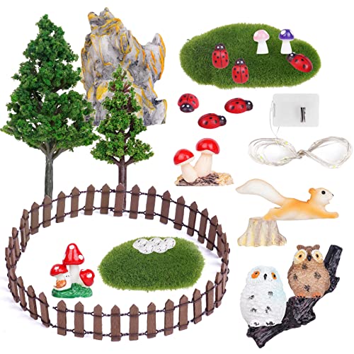AUAUY Ornement de Miniature de Fée, 32 Pièces Jardin Féerique Miniature Lumineuses, Hérissons en Résine de Jardin Sauvage Lumineux et Champignons en Bois pour Décor de Fleurs Pots Micro Bonsaï Paysage