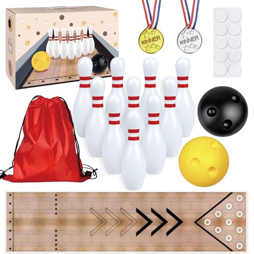 PPXMEEUDC Mini Bowling Set Indoor Outdoor Indoor Bowling Set with Guide Arrow Mat Gold and Silver Medal Backpack Dispensing Suitable for Family...