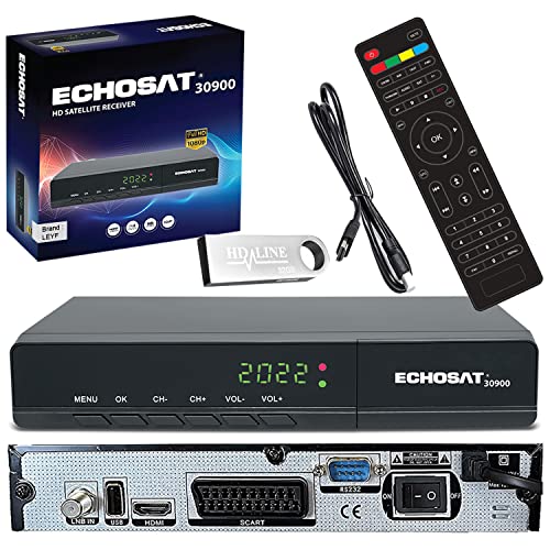 Echosat & Leyf 30900 Digital satellitmottagare – DVB-S/DVB-S2 – Digital Sat Receiver – Full HD 1080p – HD-kabel + minnessticka [förprogrammerad för Astra, Hotbird och Türksat]