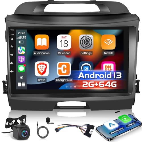 EKAT [2+64G] Car Radio for Kia Sportage 2010-2016, 9 inch Android 13 Touch Screen Sportage Stereo, Carplay/Android Auto/EQ Audio/SWC/Bluetooth/26 Ul Desktop Themes/2.5D Screen