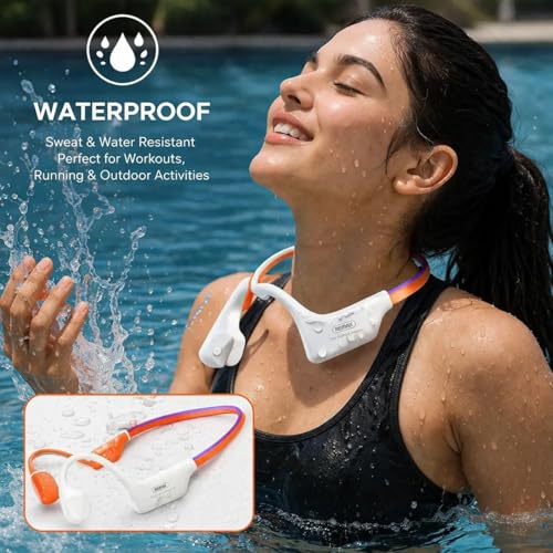 Image of GAG Open-Ear Bone Conduction Wireless Headphones | Bluetooth Sports Neckband Earphones with Secure Fit | Lightweight Open Ear Headset for Running, Cycling & Workout | Orange & White