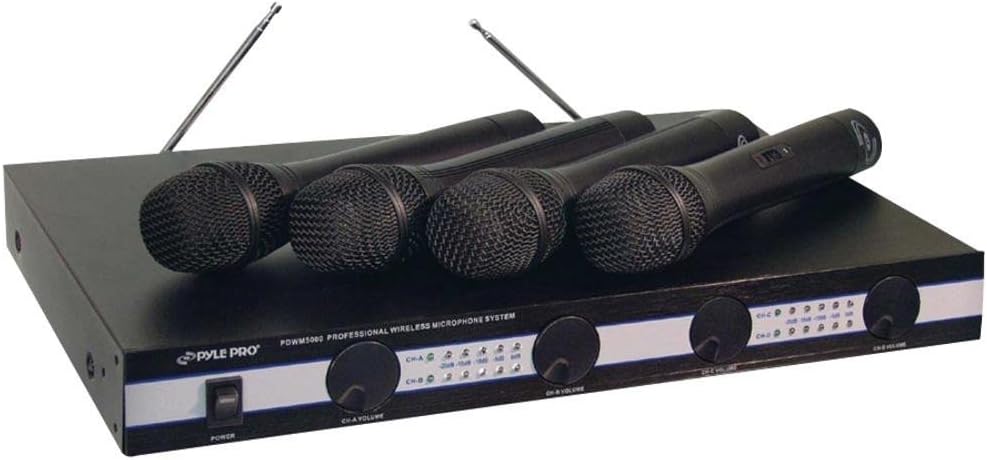 PYLE-PRO 4-PC VHF WIRELESS MICROPHONE SYSTEM - Audio Mute Circuitry for Quiet Operation w/ Advanced Companding Circuitry, Mixed XLR Output for Quality Sound, Includes 4 Wireless Microphones PDWM5000