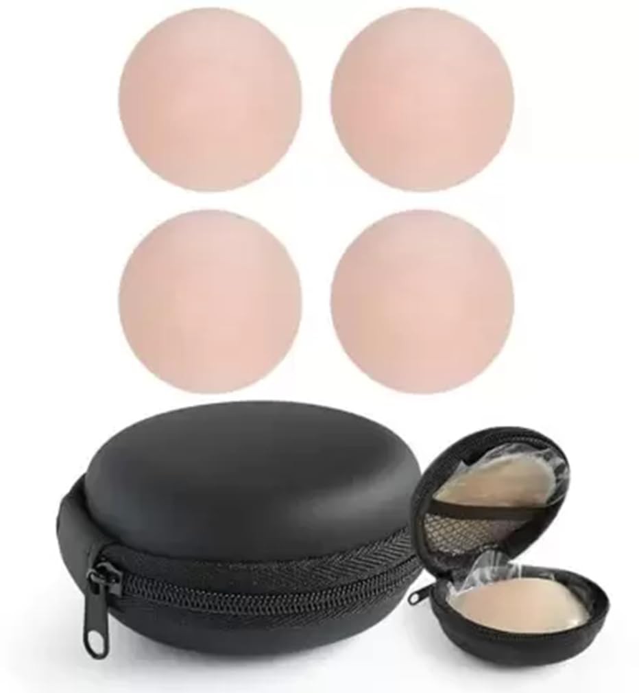 Nipple Covers 2 Pairs for Women, Free-Size Reusable Adhesive Invisible Pasties Beige Silicone Pad with Case Cove for Dress-image-13