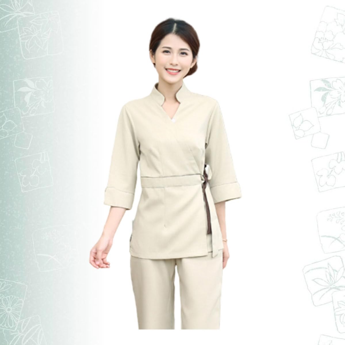 Blouse Esthéticienne Beige 2 Pièces en Coton Polyester Col V Femme
