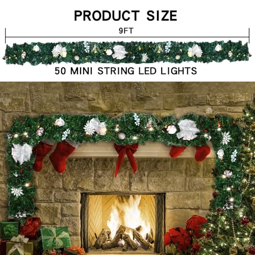MorTime 9 FT LED Christmas Garland with Berries Bows Christmas Balls, Pre-Lit Artificial Garland with 50 Warm White LED Lights for Indoor Outdoor Christmas Decorations by MorTime - Image 3