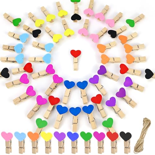 qingmeng Holzklammern Klein, 50 Stück Mini Wäscheklammern Holz Bunt Herz,...