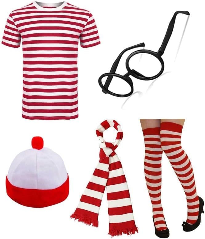 ANZEE Adult Explorer Costume Set Find Me If You Can Unisex Red White Stripe T Shirt Hat Glasses OTK Leg Warmer Scarf for Book Week DressUp (Pack of 5 T-Shirt+Hat+Glasses+Scarf+OTK, S)