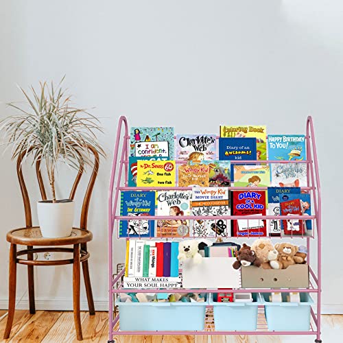 Image of aboxoo Metal Kids Bookshelf Pink Bookcase Freestanding for Children Girls Room 32 inches Large Toddler Pink Stable Bookcase Bookstore Library Book Unit Storage