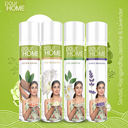Image of POUR HOME Sacred Sandal, Rajni Gandha, Jasmine & Lavender Room Air Freshener Spray - 220ML Each (Combo of 4) | Long-Lasting Fragrance - Reduces Odours - Suitable for Home & Office