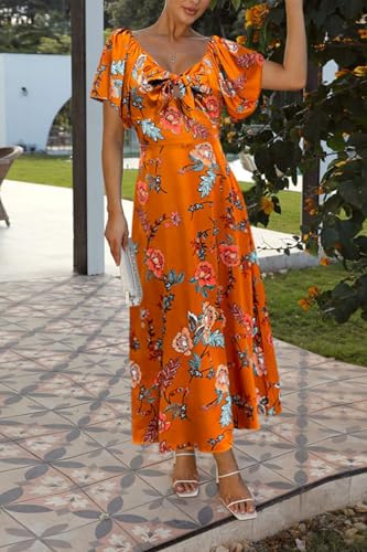 Image of Fashionme Womens Dresses 2026 Maxi Dresses Deep V Neck Elegant Bow Tie Front Cap Sleeve Summer Floral Satin Smocked Dress