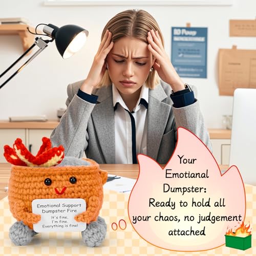 Image of Keyrose Emotional Support Dumpster Fire Crochet Doll, a Cute Funny Handmade Desk Accessories Office Decor, Birthday Gifts for Women Men with Positive Card (Orange)