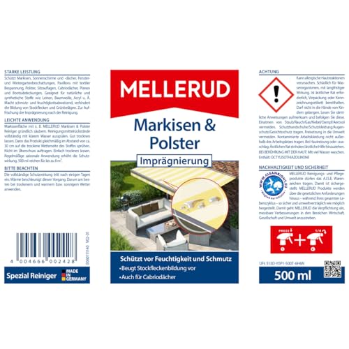 MELLERUD Markisen & Polster Imprägnierung | 1 x 0,5 l | Effizientes Mittel zum Schutz vor Feuchtigkeit und Schmutz von Textilien im Außenbereich