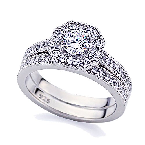 Rhodium Plated Sterling Silver Wedding & Engagement Ring 1 Carat Simulated Diamond Vintage Style 2 Pcs Engagement Ring Set For Women Band Width 5Mm (Size 5 To 9) Size 5 #TOP22