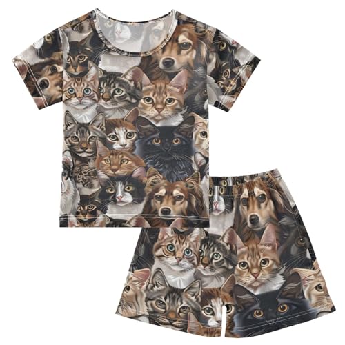 ALAZA Cat Dog Puppy Vintage Pajamas Short Sleeve 2 Piece Sleepwear Top and Bottom Pajama Set Unisex