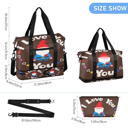 I Love Your Valentine Cartoon Dwarf Travel Duffel Bags Weekender Bag with Toiletry Bag for Trekking Foldable3