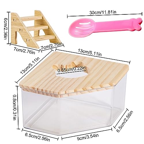Nizirioo Transparentes Acryl-Sand-Badezimmer für Hamster Hamster Sandbadbox mit Leiter und Naturholzabdeckung und Schaufel, Haustier Hamster Badezimmer, für Hamster, Rennmäuse (Dreieck)