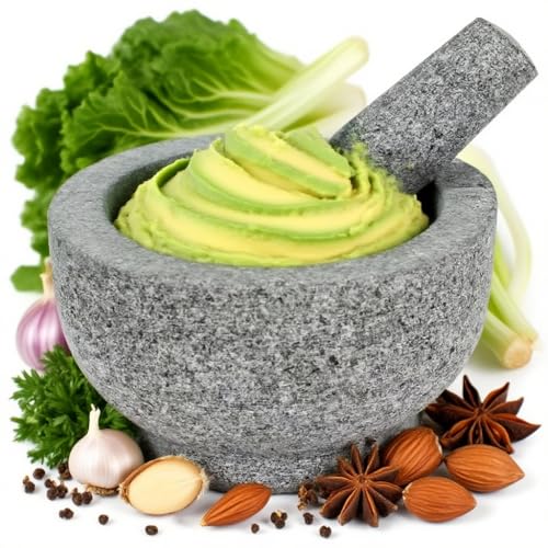 7” Heavy Granite 4 Cup Mortar & Pestle Natural Stone Molcajete Bowl and Grinder Set for Spices, Herbs, Seasonings, Pastes, Pesto and Guacamole. Release Your Favorite Flavors!Great Gift!