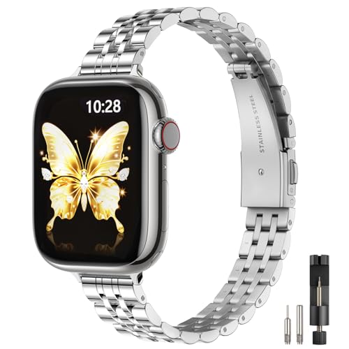 STIROLL Slim Metal Band Compatible with Apple Watch Bands for Women, Thin | Stainless Steel, Silver Chain Straps for Daily, for iWatch 11 10 9 8 7 6 5 4 SE Ultra, 49 46 45 44 42mm(Series 3 2