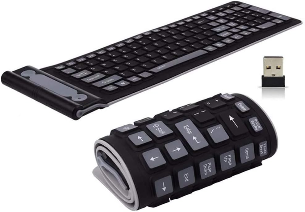 Ouleevii 2.4G Wireless Keyboard Waterproof Folding Silicone107-Key Mute Gaming Keyboard with USB Receiver for Notebook Desktop Laptops PC