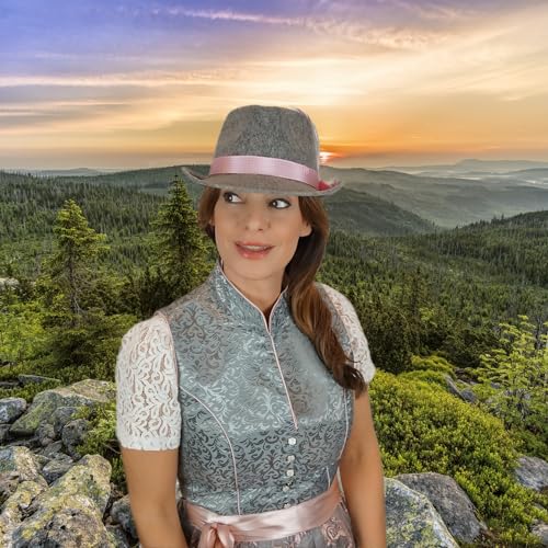 BF Souvenirs Damen Trachtenhut ROSI – grauer Fedora mit rosa-weißer Feder | Kostüm- & Partyhut für Karneval, Fasching, Oktoberfest & JGA
