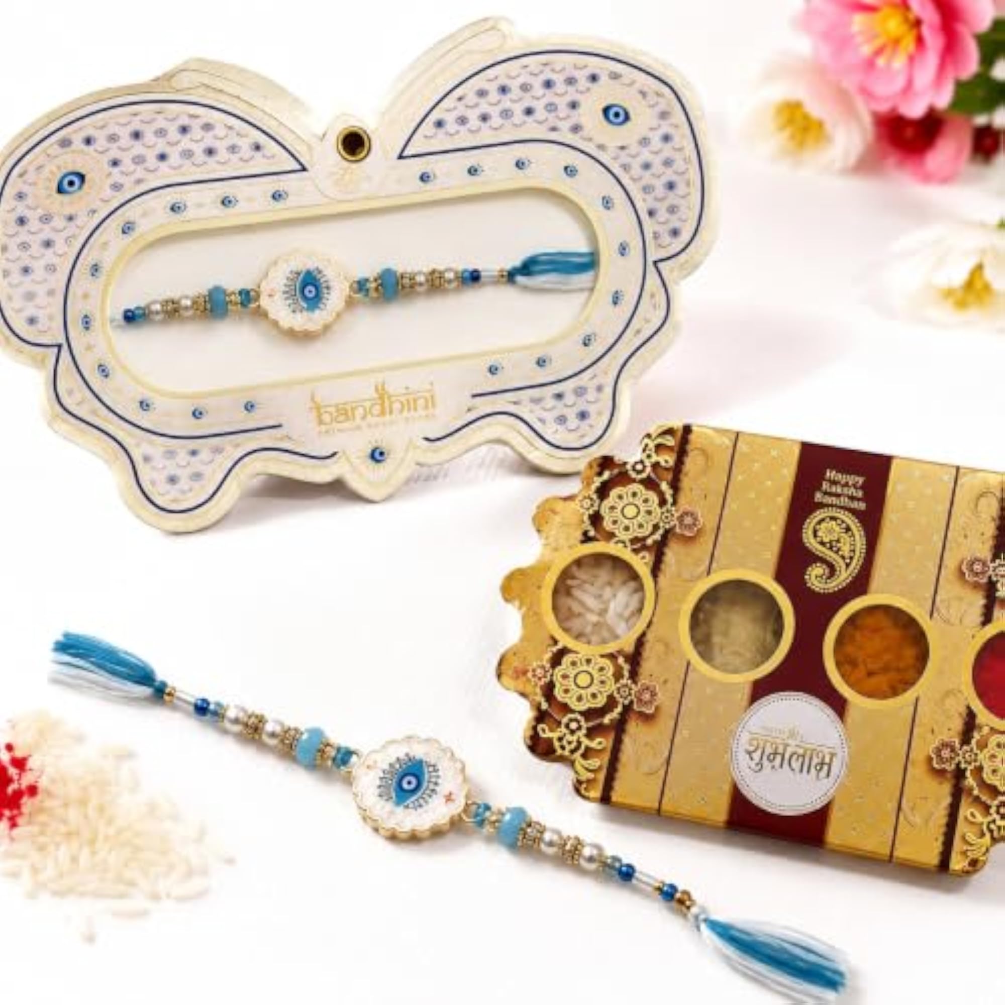 Turkish Evil Eye Rakhi with Pooja Thali Gift Set