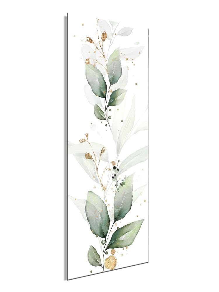 artissimo Bild aus Glas 30x80 cm Blumen AG4762A – modernes Glasbild Wandbild Hochformat, Wanddeko Wohnzimmer salbei grün gold, Boho Aquarell Stil