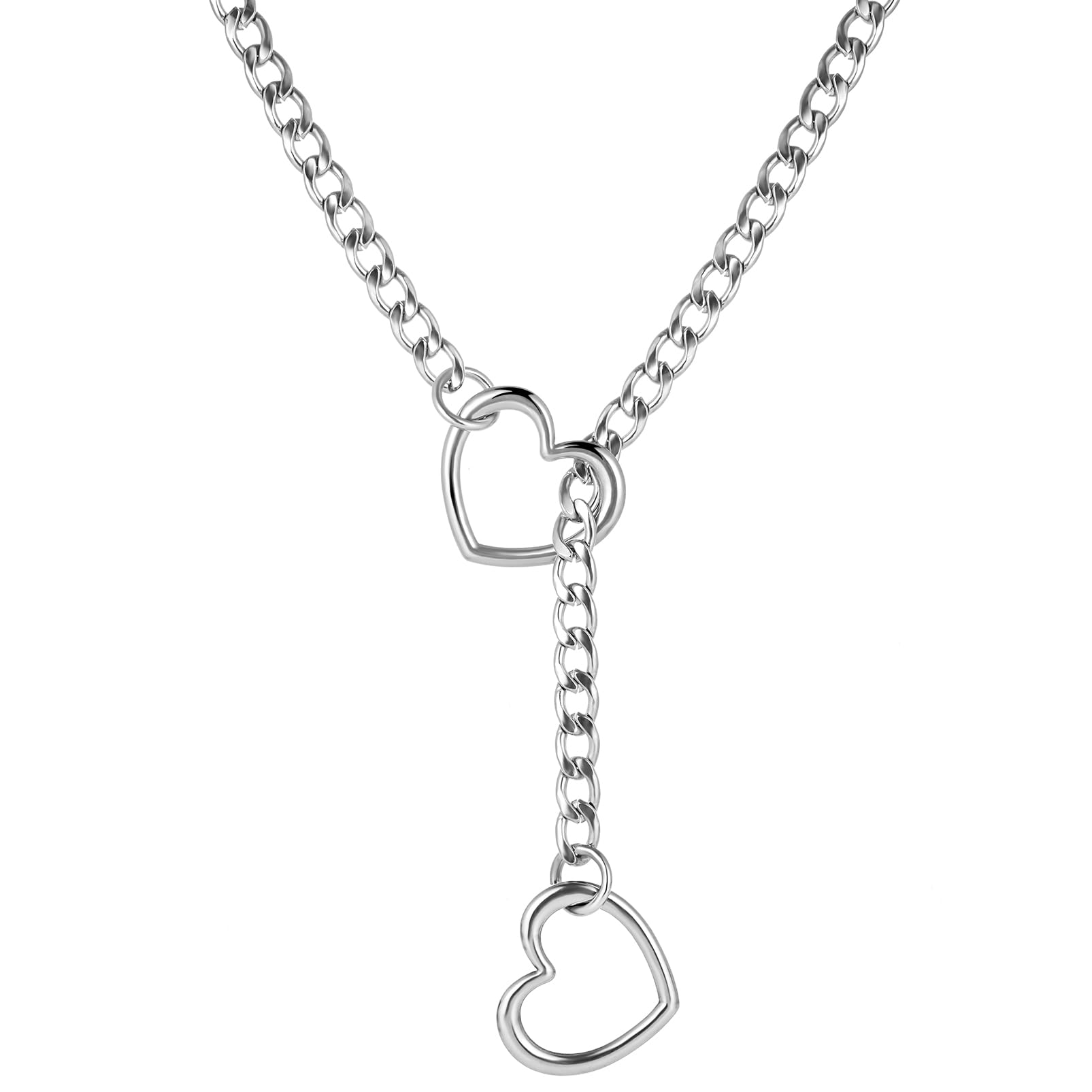 sroyte Heart Slip Chain Necklaces for Women,Stainless Steel O-Ring Adjustable Lariat Y-Necklace,Punk Gothic Cuban Collar Choker Necklace for women
