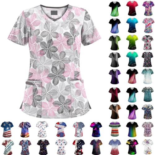 Scrubs for Women V Neck Short Sleeve Printed Tops Cartoon Pattern Plus Size Nursing with Pockets White M