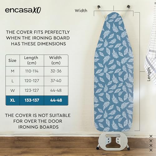 Image of Encasa XO Ironing Board Cover with 3mm Thick Felt Pad for Steam Press (Fits Standard X-Large Boards of 135x45 cm) Heat Reflective, Scorch & Stain Resistant, Printed - Big Leaves Blue