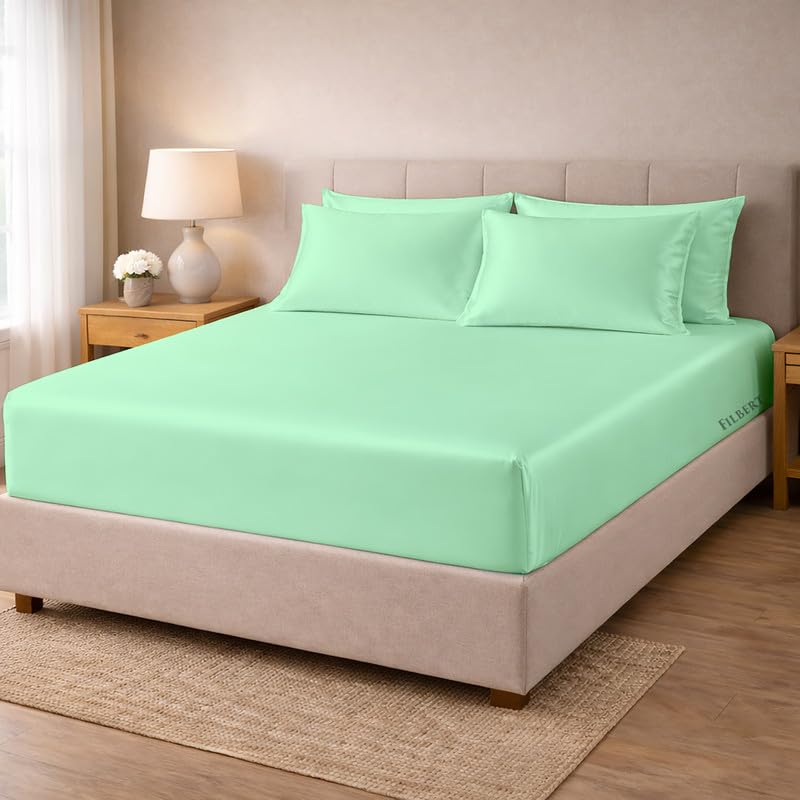 Image of Filbert - Premium Satin Fitted Bedsheet King Size (72x78 Inch) with 2 Pillow Covers | Hypoallergenic Breathable | Hair and Skin Friendly, Women Gift Choice|Aqua Green