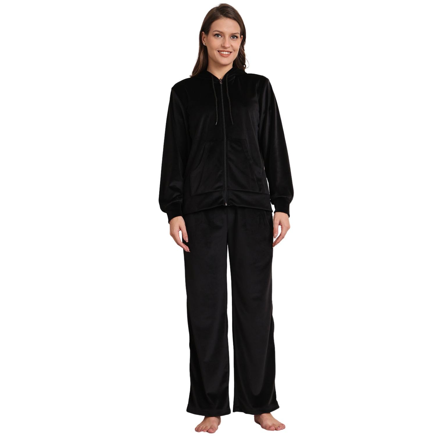 Solid Velour Woolen Night Suit With Zip/Top & Pyjama/co-ord Set/Loungewear/Nightwear for Women/Hooded/Full Length/Stylish