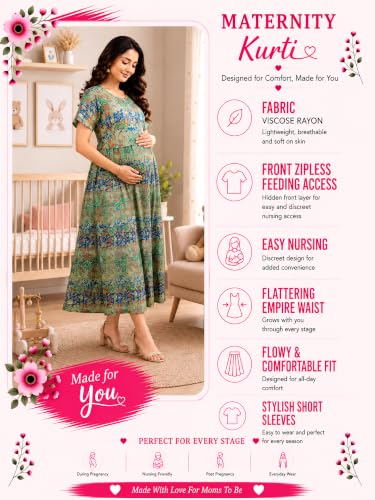 Image of RITIJYA Zipless Feeding Kurta Dress for Women | Maternity Nursing Kurti, No-Zip Easy Access | Extra Pleats Pre to Post Pregnancy | Quick-Dry Fabric | S-4XL
