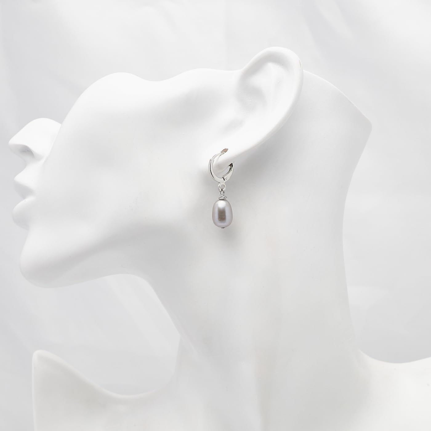 Boucles d'Oreilles Élégantes Perles, Boucles d'Oreilles Perles pour Femmes, 8-9mm, Perles d'Eau Douce, Pendantes et Créoles (Forme de riz Gris)