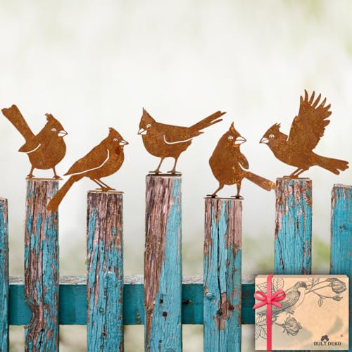 5PCS Rusty Birds Decoration Fence Decorations Outdoor Metal Birds Yard Decor Perfect Yard Art and Large Outdoor Ornaments Cardinal Gifts
