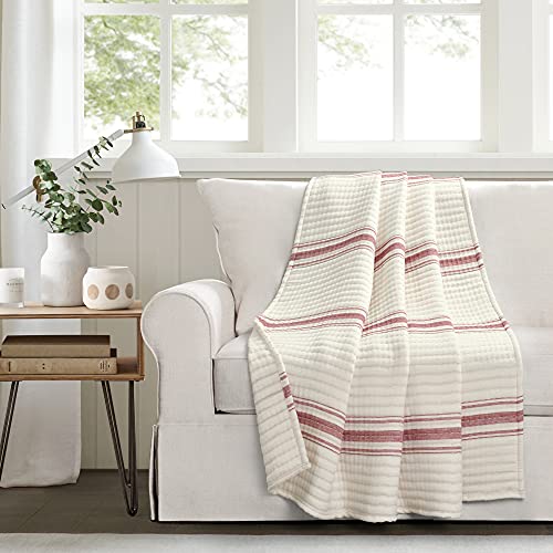 Image of Lush Decor Farmhouse Stripe Kantha Pick Stich Yarn Dyed Cotton Woven Throw Reversible Ticking Pinstripe Design Blanket, 50 inch x 60 inch, Red
