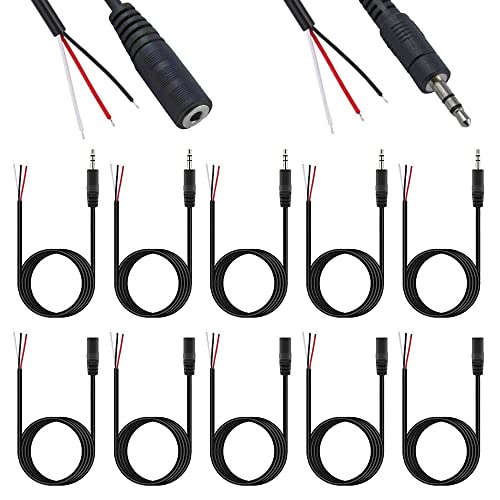 HAAMNING7 3.5mm Jack to Bare Wire Open End TRS 3 Pole Stereo, Female & Male Plug 1/8" 3.5mm Jack Plug Connector Audio Cable for Headphone, Speaker, Home Stereo, Cable Repair (10 Pcs)
