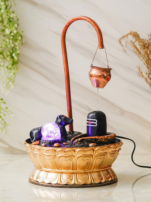 Image of Copper Metal Shivling with Nandi Tabletop Indoor Water Fountain with Crystal Ball and LED Light for Home Decor (28 x 28 x 46 CM : Color - Copper | Weight - 1380)