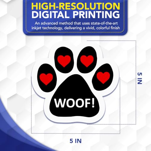 Image of Magnet Me Up Woof! with Heart Pawprint Magnet Decal, 5 Inch, 2 Pack, Heavy Duty Automotive Accessory Magnet for Cars, Trucks, and SUVs, UV- Printed, Vinyl, Crafted in USA