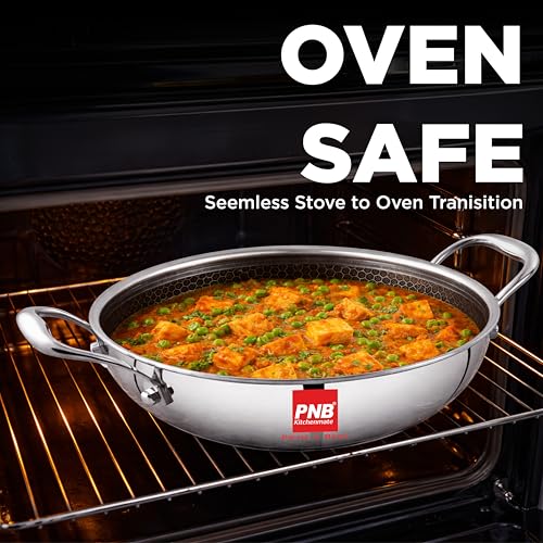 Image of PNB Kitchenmate Triply Stainless Steel Hybrid Non-Stick Kadhai with Glass Lid, 22cm (2L) | Heavy Bottom Induction Deep Karahi for Indian Cooking | Stay-Cool Handles & 2.5mm Thick | 5-Year Warranty
