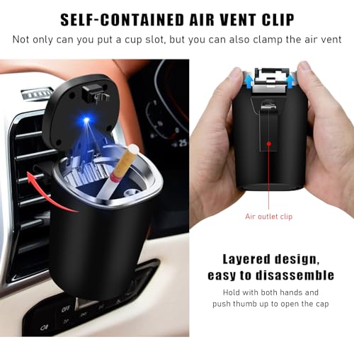 Image of Ohleats Car Ashtray, Detachable Stainless Steel Smokeless Ash Tray with LED Blue Light, Auto Ashtray with Lid Smell Proof Weed for Most Vehicles, Universal Interior Car Accessories (Pack of 2)