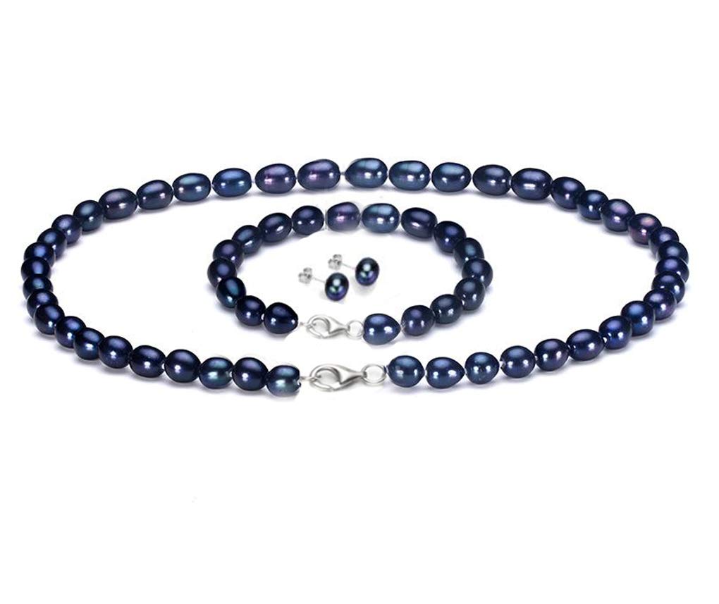 Treasure Bay FAB Elegantes Schmuckset mit Halskette, Armband und Ohrringen, Reisform, Süßwasserperlen, 7–8 mm, für Damen und Mädchen, Silber, Perle