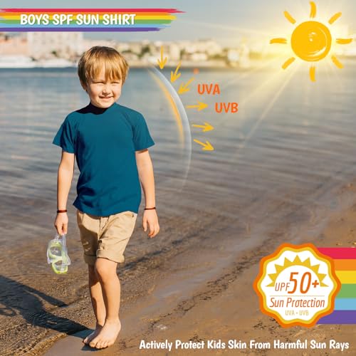 Image of Boy's UPF 50 Rash Guard Swim Shirts Short Sleeve Sun Protection SPF Fishing Surfing Water Beach Shirts Quick Dry