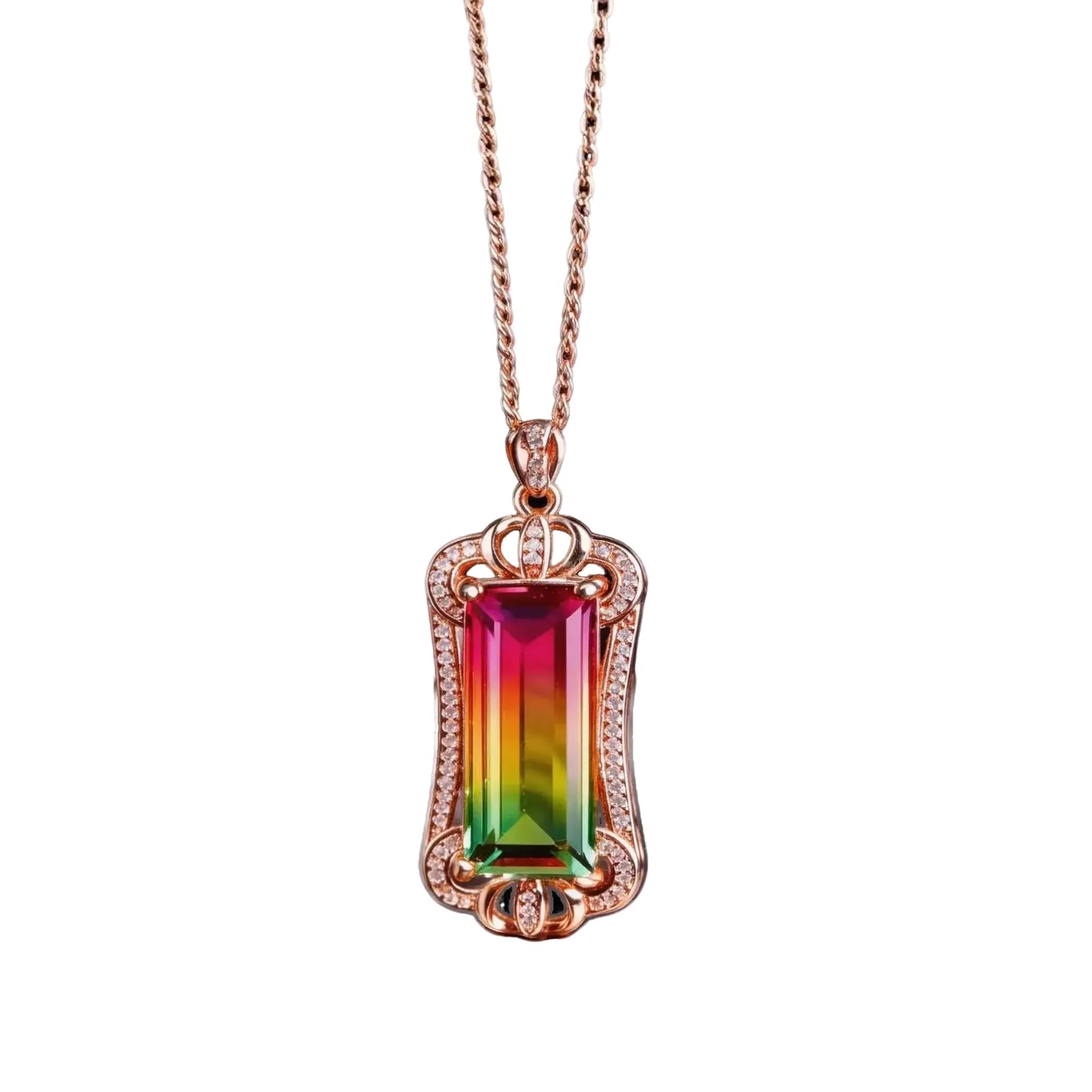 Rainbow Tourmaline Pendant Necklace, Multicolor Gemstone, Rose Gold-Tone Setting, Personalized Jewelry Gift