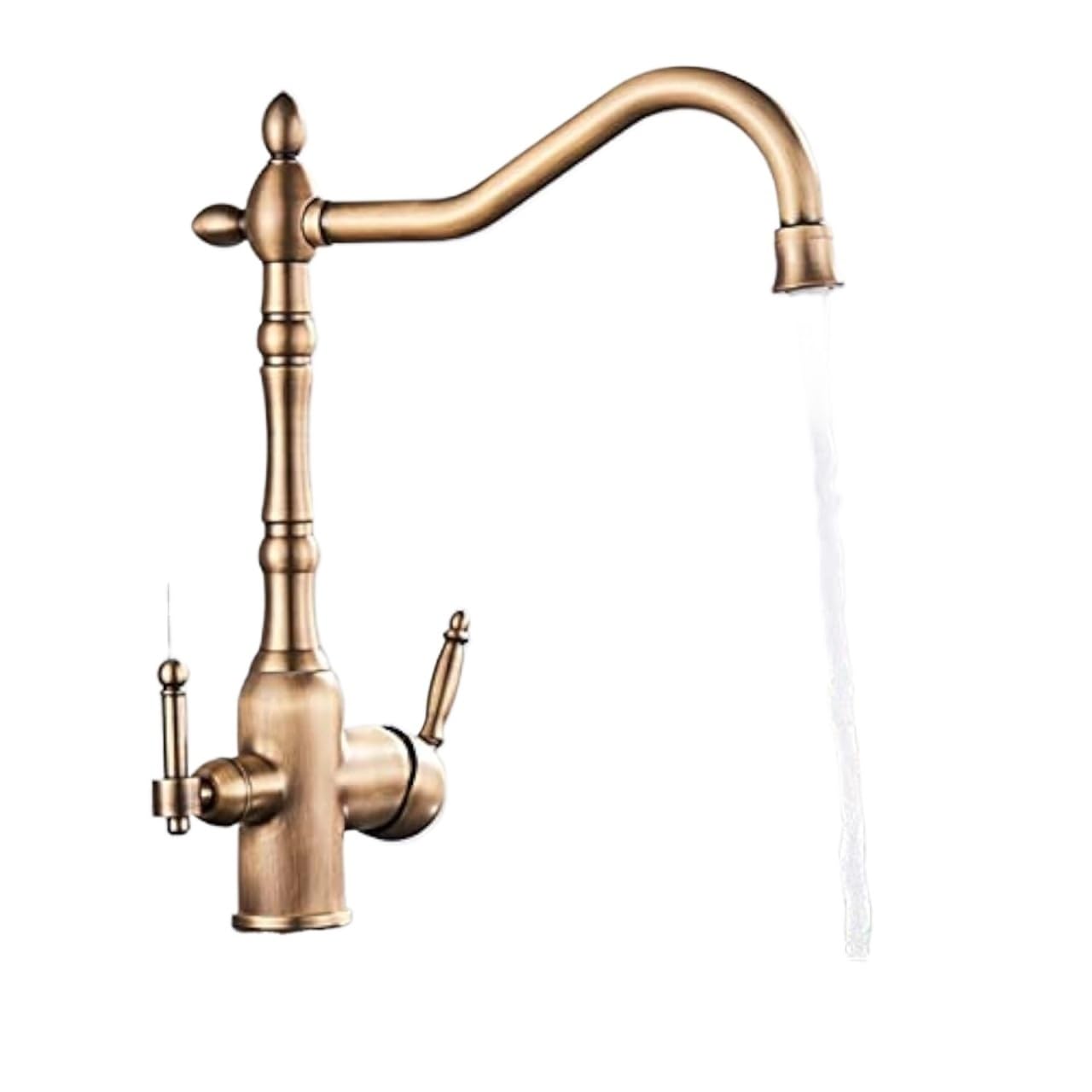 MXXQRHF Antique Brass Commercial Kitchen Sink Faucet - 360° Rotating Dual Handle Mixer Tap with Dual Water Function & Filter for Bar & Farmhouse Use