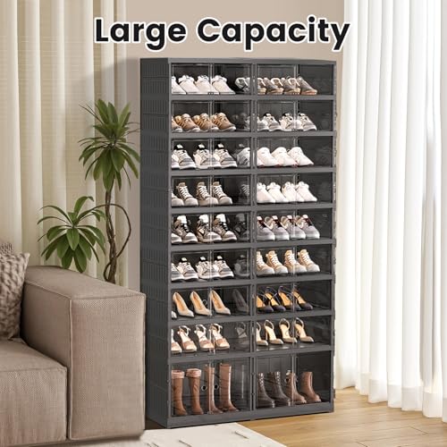 Image of SYNCVIBE Shoe Rack Organizer for Closet Entryway Foldable Sneaker Storage Shoe, Collapsible Shoe Cabinet, Stackable Shoe Storage Cabinet with Lids for Living Room (9 Tiers -36 Pairs Black)