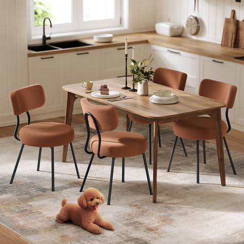 Image of VASAGLE Boucle Dining Chairs Set of 4, Upholstered Kitchen Dining Room Chairs with Curved Backrest and Steel Frame, Modern Mid Century, Round, for Vanity, Living Room, Coffee Brown UKDC110K01-2J