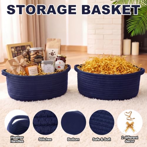Image of Colingmill Woven Basket with Gift Bags and 2 Ribbons, Raffia Grass Paper Shred Filler, Gift Card, Empty Small Rope Basket for Storage Presents Toy Organizer(Blue,12 * 8 Inch)